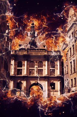 Polonya 'daki Gdansk şehrinin mimarisinin güzel bir görüntüsünün suluboya çizimi veya çizimi