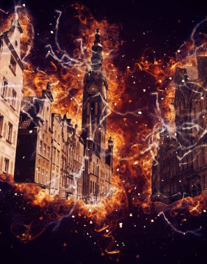 Polonya 'daki Gdansk şehrinin mimarisinin güzel bir görüntüsünün suluboya çizimi veya çizimi