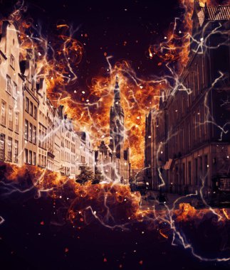 Polonya 'daki Gdansk şehrinin mimarisinin güzel bir görüntüsünün suluboya çizimi veya çizimi