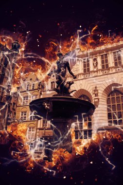 Polonya 'daki Gdansk şehrinin mimarisinin güzel bir görüntüsünün suluboya çizimi veya çizimi