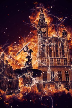 Polonya 'daki Gdansk şehrinin mimarisinin güzel bir görüntüsünün suluboya çizimi veya çizimi