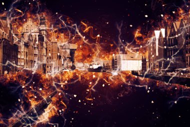 Polonya 'daki Gdansk şehrinin mimarisinin güzel bir görüntüsünün suluboya çizimi veya çizimi