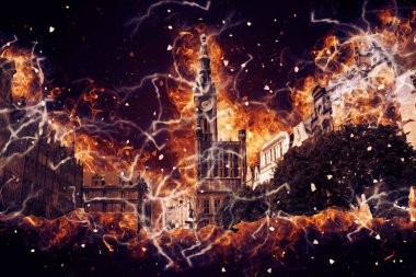 Polonya 'daki Gdansk şehrinin mimarisinin güzel bir görüntüsünün suluboya çizimi veya çizimi