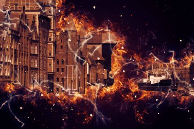 Polonya 'daki Gdansk şehrinin mimarisinin güzel bir görüntüsünün suluboya çizimi veya çizimi