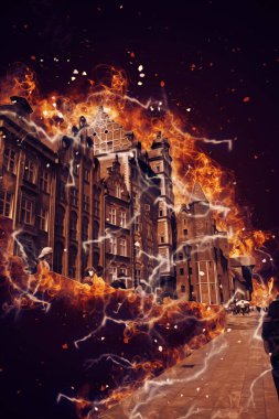 Polonya 'daki Gdansk şehrinin mimarisinin güzel bir görüntüsünün suluboya çizimi veya çizimi