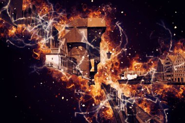 Polonya 'daki Gdansk şehrinin mimarisinin güzel bir görüntüsünün suluboya çizimi veya çizimi