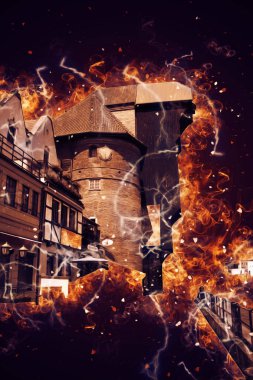 Polonya 'daki Gdansk şehrinin mimarisinin güzel bir görüntüsünün suluboya çizimi veya çizimi