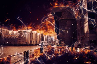 Polonya 'daki Gdansk şehrinin mimarisinin güzel bir görüntüsünün suluboya çizimi veya çizimi