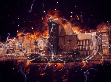 Polonya 'daki Gdansk şehrinin mimarisinin güzel bir görüntüsünün suluboya çizimi veya çizimi