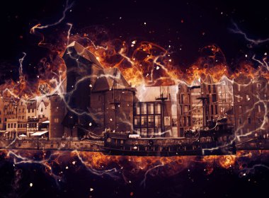 Polonya 'daki Gdansk şehrinin mimarisinin güzel bir görüntüsünün suluboya çizimi veya çizimi