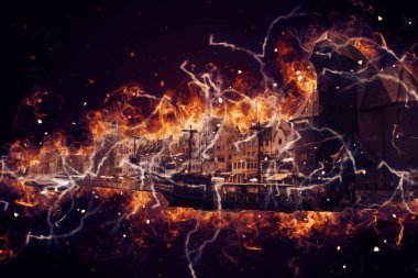 Polonya 'daki Gdansk şehrinin mimarisinin güzel bir görüntüsünün suluboya çizimi veya çizimi