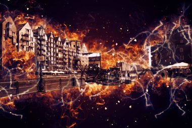 Polonya 'daki Gdansk şehrinin mimarisinin güzel bir görüntüsünün suluboya çizimi veya çizimi