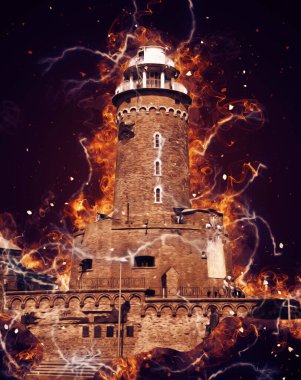 El çizimi suluboya deniz feneri illüstrasyon sanat klasiği çizimi