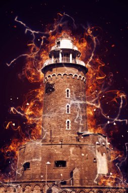 El çizimi suluboya deniz feneri illüstrasyon sanat klasiği çizimi