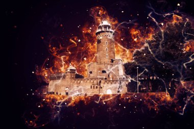 El çizimi suluboya deniz feneri illüstrasyon sanat klasiği çizimi