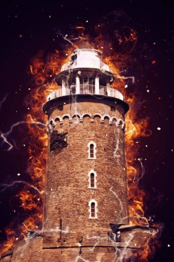 El çizimi suluboya deniz feneri illüstrasyon sanat klasiği çizimi