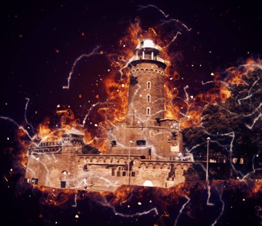 El çizimi suluboya deniz feneri illüstrasyon sanat klasiği çizimi