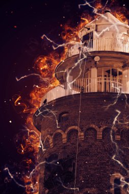 El çizimi suluboya deniz feneri illüstrasyon sanat klasiği çizimi