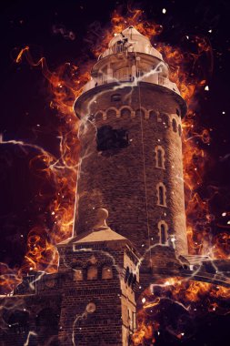 El çizimi suluboya deniz feneri illüstrasyon sanat klasiği çizimi