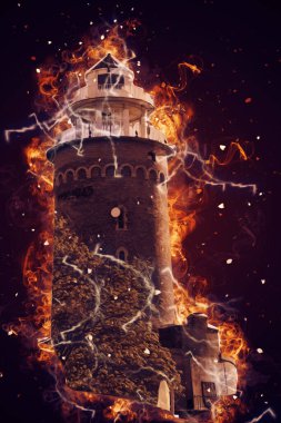 El çizimi suluboya deniz feneri illüstrasyon sanat klasiği çizimi