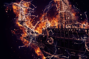 Deniz illüstrasyonunda yelken açan korsan gemisi klasik eskiz çiziyor.