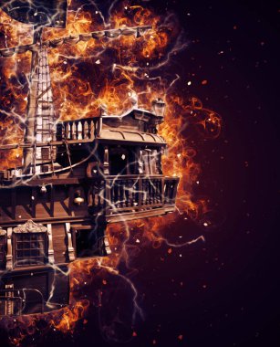 Deniz illüstrasyonunda yelken açan korsan gemisi klasik eskiz çiziyor.