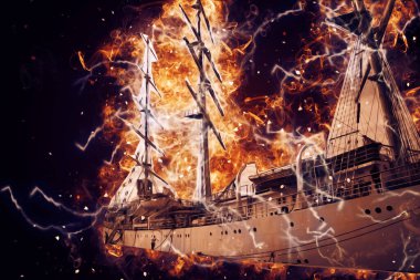 Antika tekne deniz motifi el yapımı sanat eseri çizimi