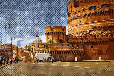 Kutsal Melek Kalesi (Hadrian / Castel SantAngelo anıtı) Adrian Park 'ta yüksek silindirik bir bina.