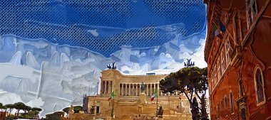 View of the Monument of Victor Emmanuel II at Venezia Squara at sunrise. Rome, Italy