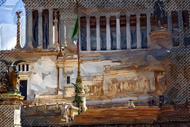 View of the Monument of Victor Emmanuel II at Venezia Squara at sunrise. Rome, Italy