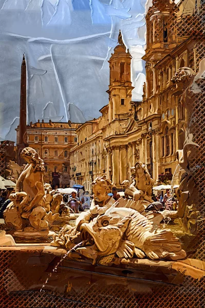 Rome Beautiful Piazza Navona Italy Retro Vintage Antique — 图库照片