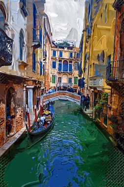 Venedikli gondolcu Venedik İtalya 'nın yeşil kanal sularında gondola biniyor.