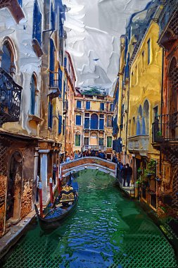 Venedikli gondolcu Venedik İtalya 'nın yeşil kanal sularında gondola biniyor.