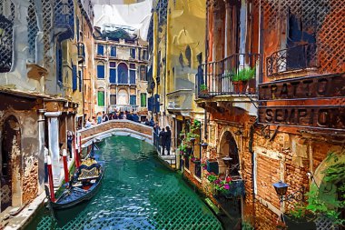 Venedikli gondolcu Venedik İtalya 'nın yeşil kanal sularında gondola biniyor.