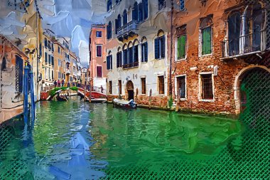 Venedikli gondolcu Venedik İtalya 'nın yeşil kanal sularında gondola biniyor.