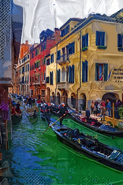 Venetianska Gondolier Punting Gondol Genom Gröna Kanalvatten Venedig Italien — Stockfoto