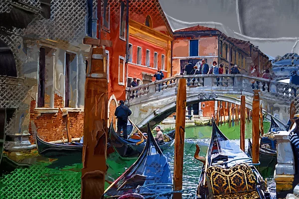 Gondolero Veneciano Punting Góndola Través Aguas Del Canal Verde Venecia —  Fotos de Stock