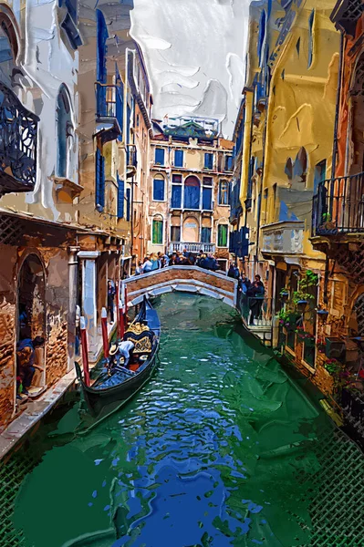 Venetianska Gondolier Punting Gondol Genom Gröna Kanalvatten Venedig Italien — Stockfoto