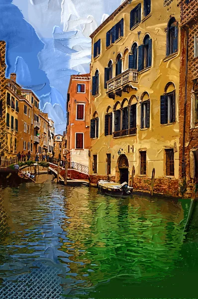 Venedikli gondolcu Venedik İtalya 'nın yeşil kanal sularında gondola biniyor.