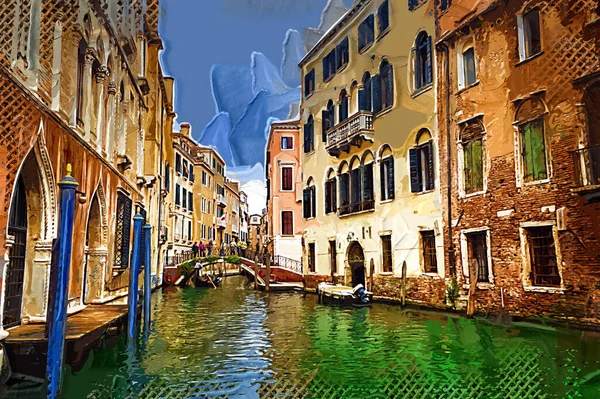 Gondolero Veneciano Punting Góndola Través Aguas Del Canal Verde Venecia — Foto de Stock