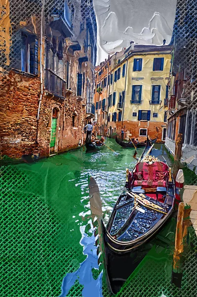 Gondolero Veneciano Punting Góndola Través Aguas Del Canal Verde Venecia — Foto de Stock
