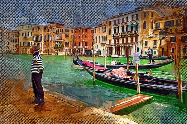 Венеціанський Гондольєр Пробиває Гондолу Через Зелені Канали Венеціанської Італії — стокове фото