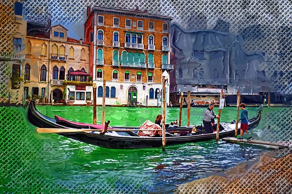 Венеціанський Гондольєр Пробиває Гондолу Через Зелені Канали Венеціанської Італії — стокове фото