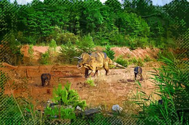 Dinozorlar Parkı. Doğanın arka planında bir dinozor. Lunaparktaki oyuncak dinozorlar..