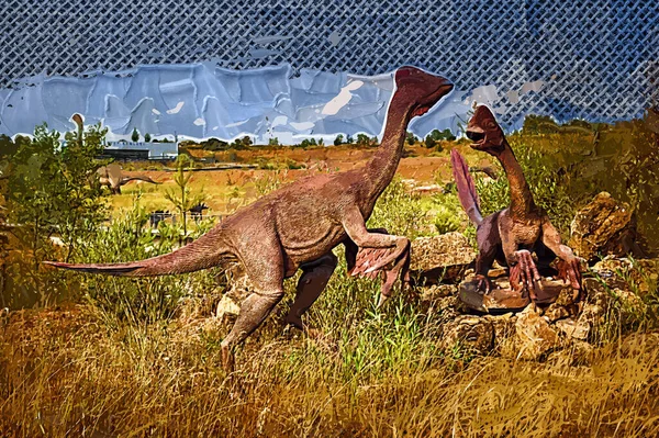 Dinoszauruszok Parkja Egy Dinoszaurusz Természet Hátterében Játékok Dinoszauruszok Vidámparkban — Stock Fotó