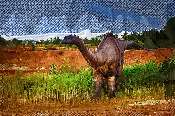 Dinoszauruszok Parkja Egy Dinoszaurusz Természet Hátterében Játékok Dinoszauruszok Vidámparkban — Stock Fotó