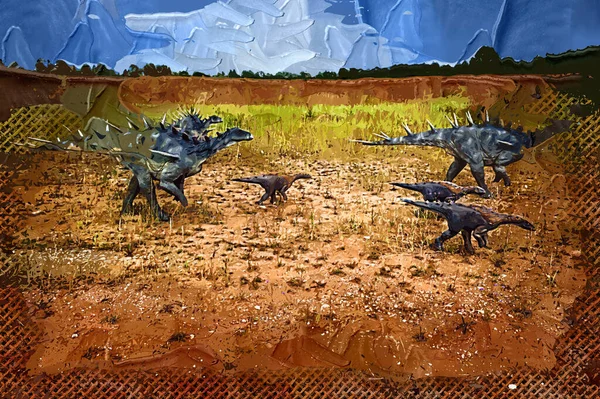 Parco Dinosauri Dinosauro Sullo Sfondo Della Natura Dinosauri Giocattolo Nel — Foto Stock