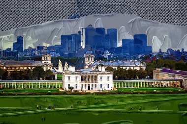 Greenwich Gözlemevi 'nden Queen' s House ve Greenwich Müzeleri ile Thames Nehri ve Londra 'nın rıhtım bölgesinin silueti arka planda..