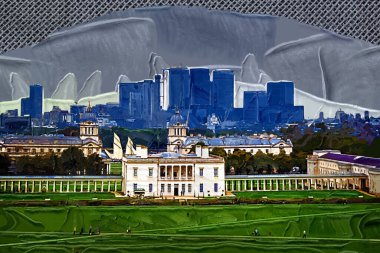 Greenwich Gözlemevi 'nden Queen' s House ve Greenwich Müzeleri ile Thames Nehri ve Londra 'nın rıhtım bölgesinin silueti arka planda..