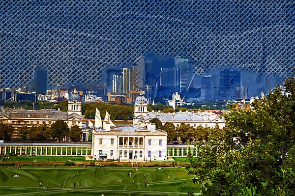 그리니치 천문대의 하우스와 그리니치 미술관과 배경에 보이는 런던도 지역의 스카이라인 — 스톡 사진